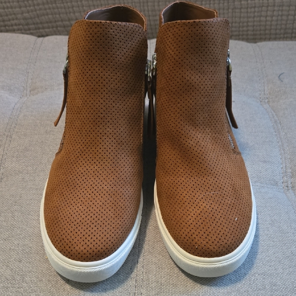 Brown Perforated Wedged Ankle Boots